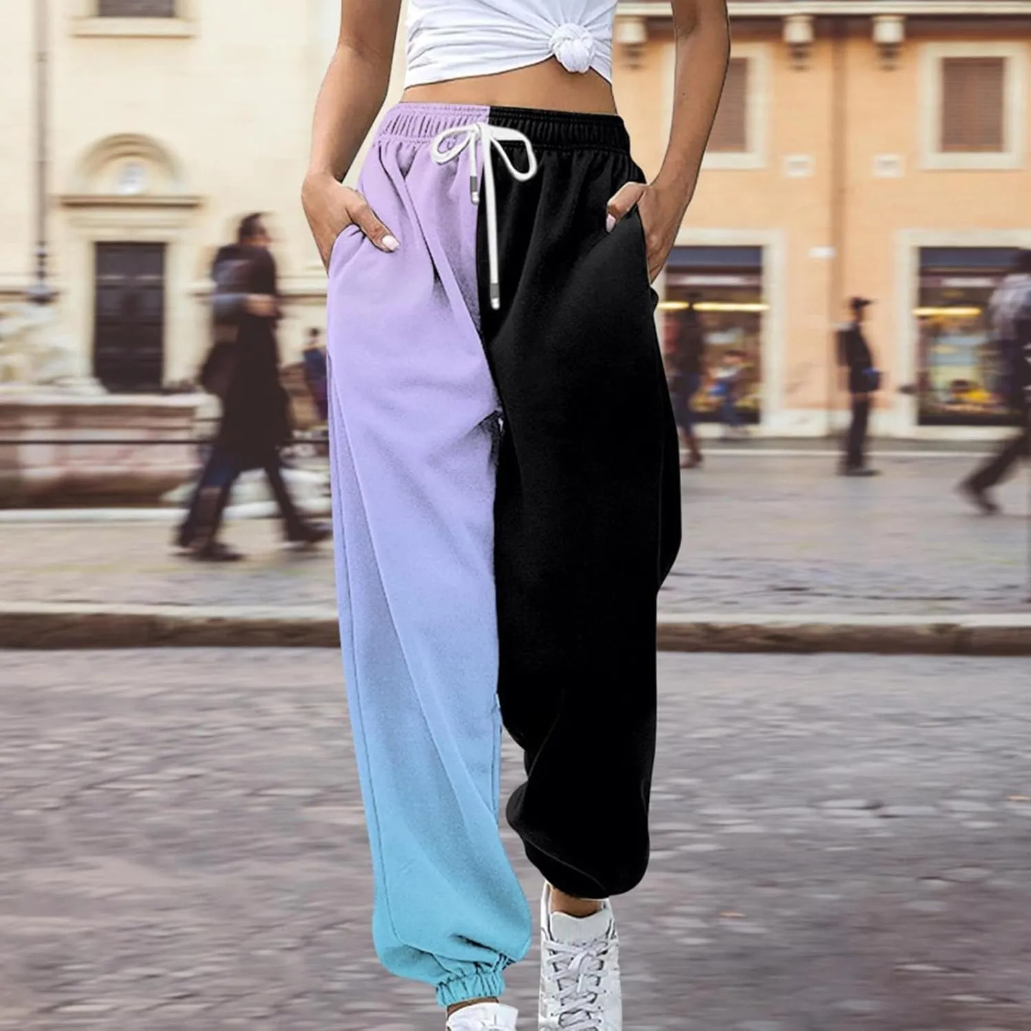 Women Fashion Color Block Pants Trendy Tummy Control Cuffed Trouser Street Hip Hop Palazzo Athletic Casual Sweatpants