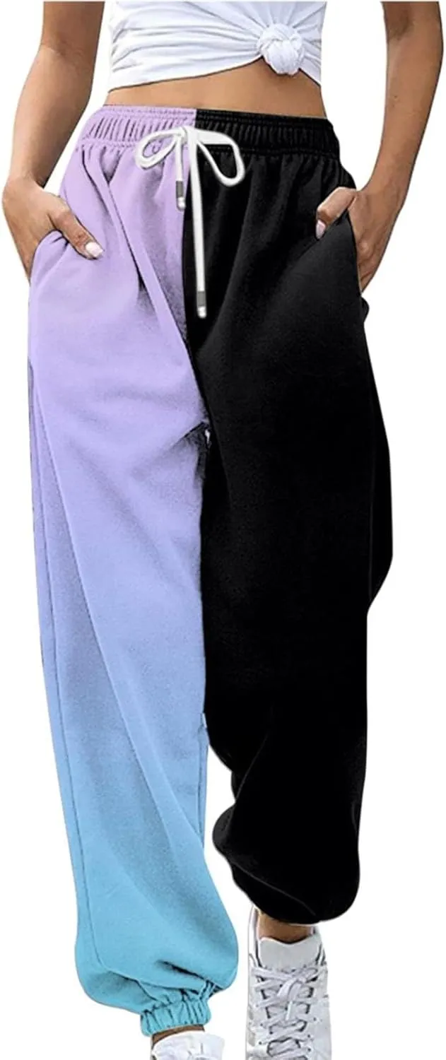 Women Fashion Color Block Pants Trendy Tummy Control Cuffed Trouser Street Hip Hop Palazzo Athletic Casual Sweatpants
