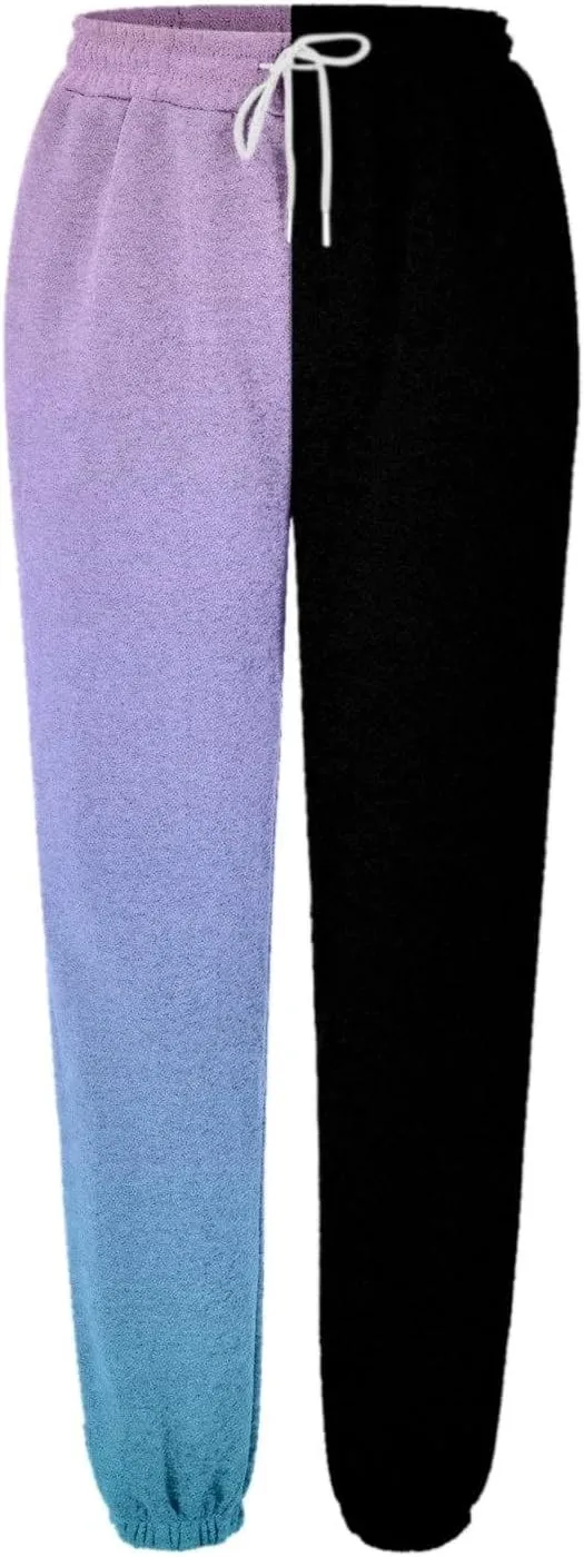 Women Fashion Color Block Pants Trendy Tummy Control Cuffed Trouser Street Hip Hop Palazzo Athletic Casual Sweatpants