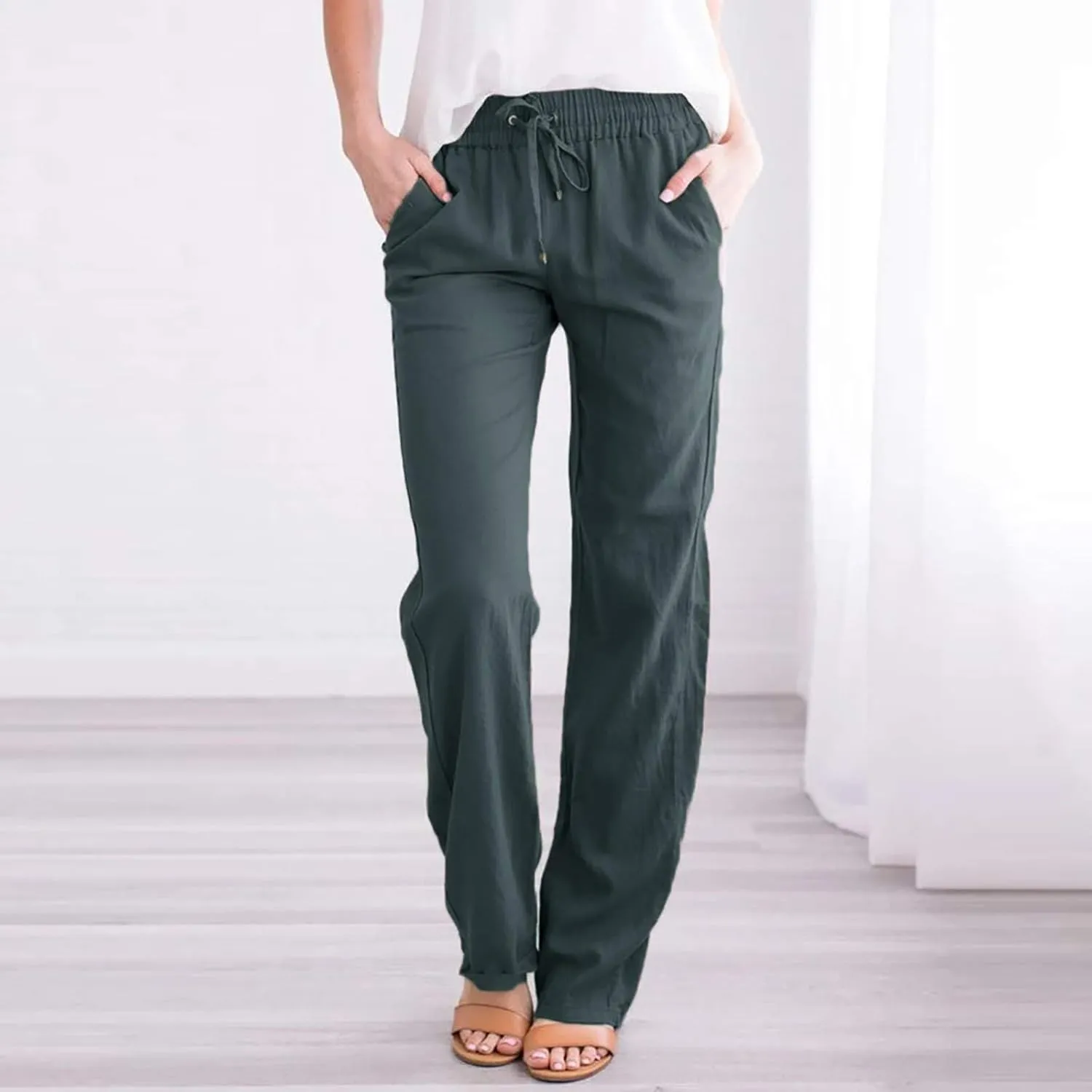 Women High Waist Linen Pant Trendy Boho Flowy Straight Leg Cuffed Trousers Hip Hop Athletic Palazzo Casual Sweatpants