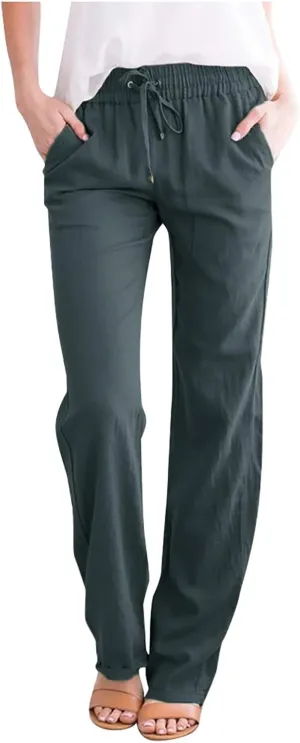Women High Waist Linen Pant Trendy Boho Flowy Straight Leg Cuffed Trousers Hip Hop Athletic Palazzo Casual Sweatpants