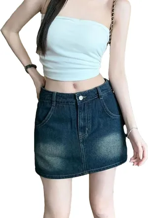 Women Korean Style High Waisted Mini Skirts Summer Vintage Denim Skirt All-Match Slim Casual Jean Skirt