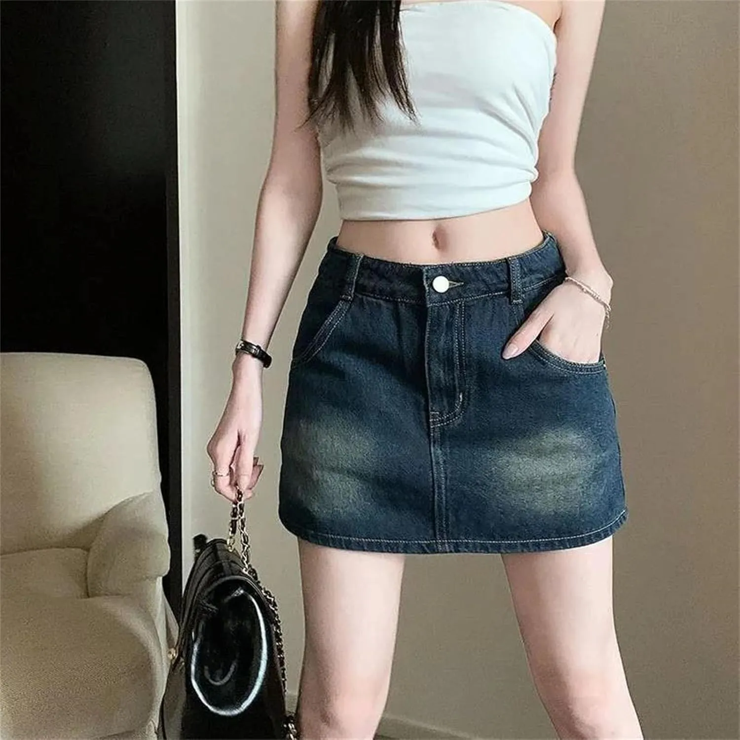 Women Korean Style High Waisted Mini Skirts Summer Vintage Denim Skirt All-Match Slim Casual Jean Skirt