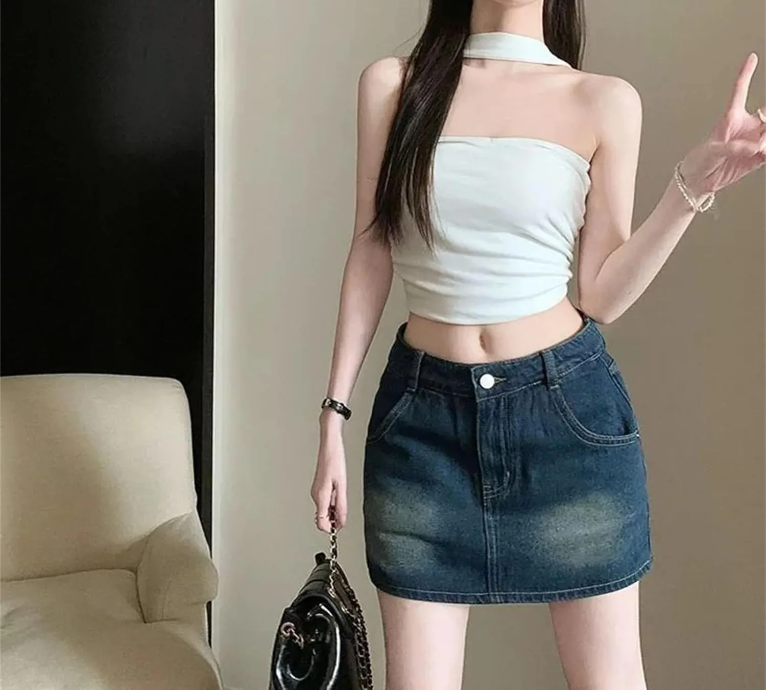 Women Korean Style High Waisted Mini Skirts Summer Vintage Denim Skirt All-Match Slim Casual Jean Skirt