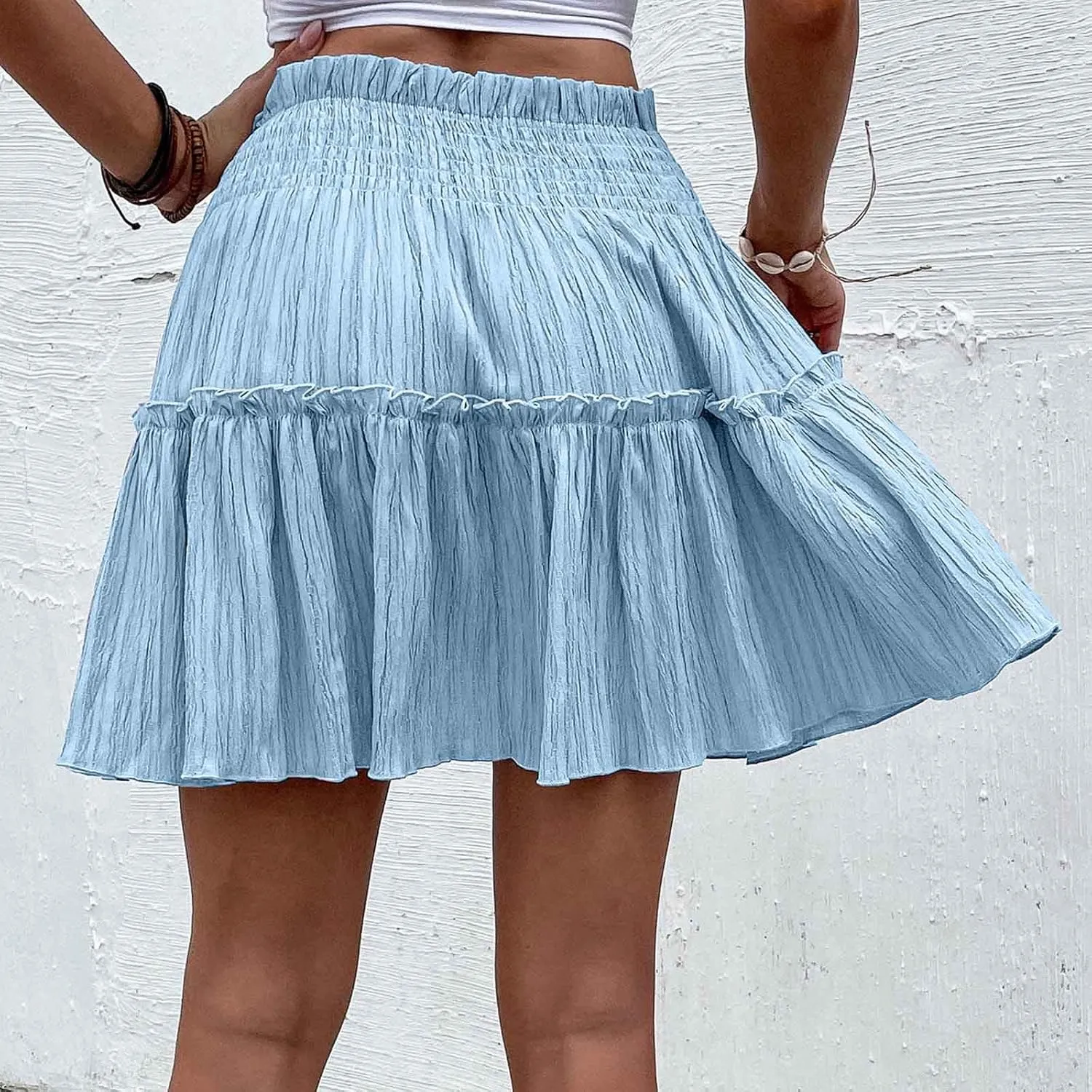 Women Pleated Summer Skirts Elastic Waist Casual Ruffle Mini Skirt Trendy Solid Bohemian Beach Vacation Skirts