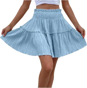 Women Pleated Summer Skirts Elastic Waist Casual Ruffle Mini Skirt Trendy Solid Bohemian Beach Vacation Skirts
