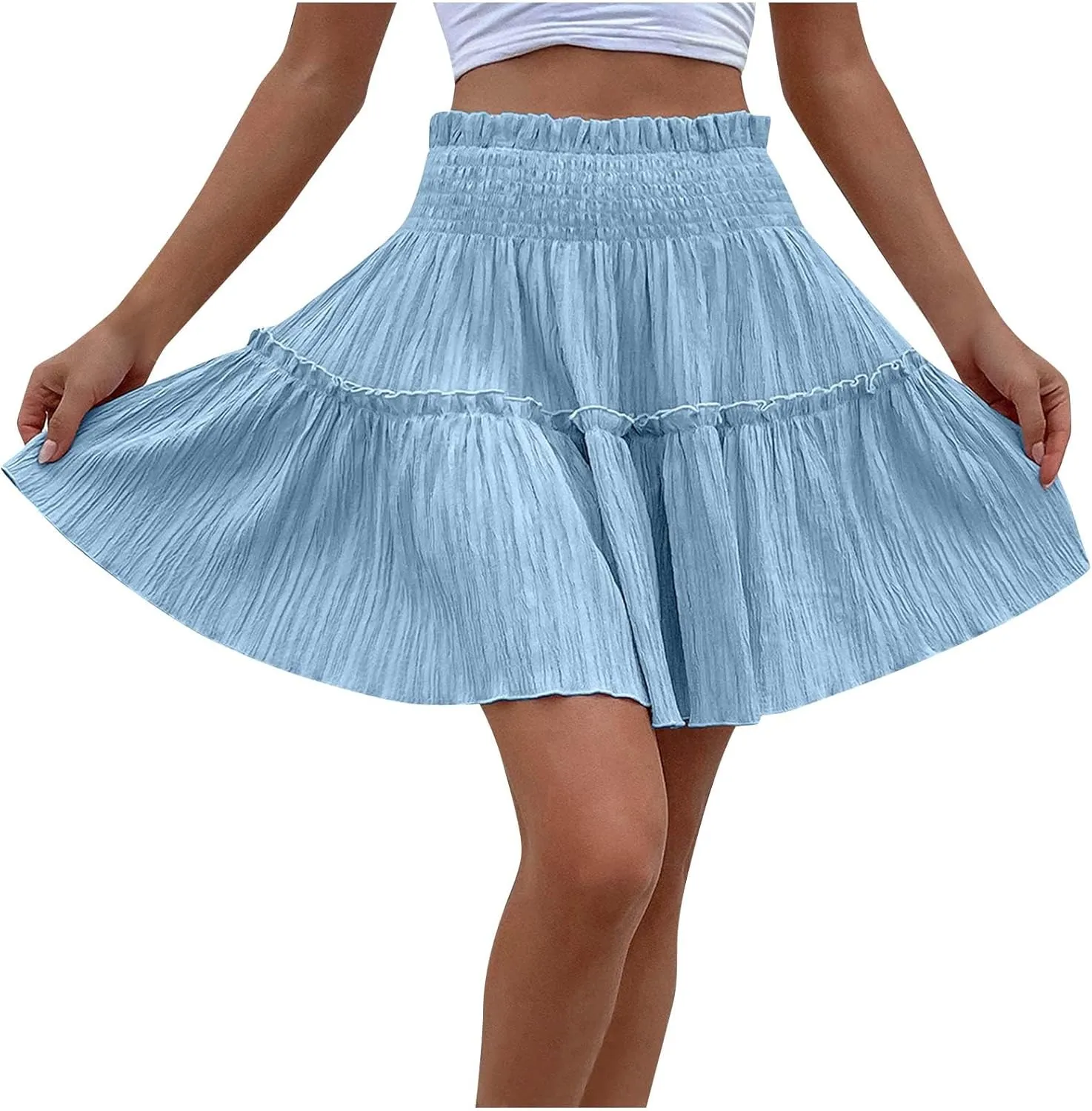 Women Pleated Summer Skirts Elastic Waist Casual Ruffle Mini Skirt Trendy Solid Bohemian Beach Vacation Skirts