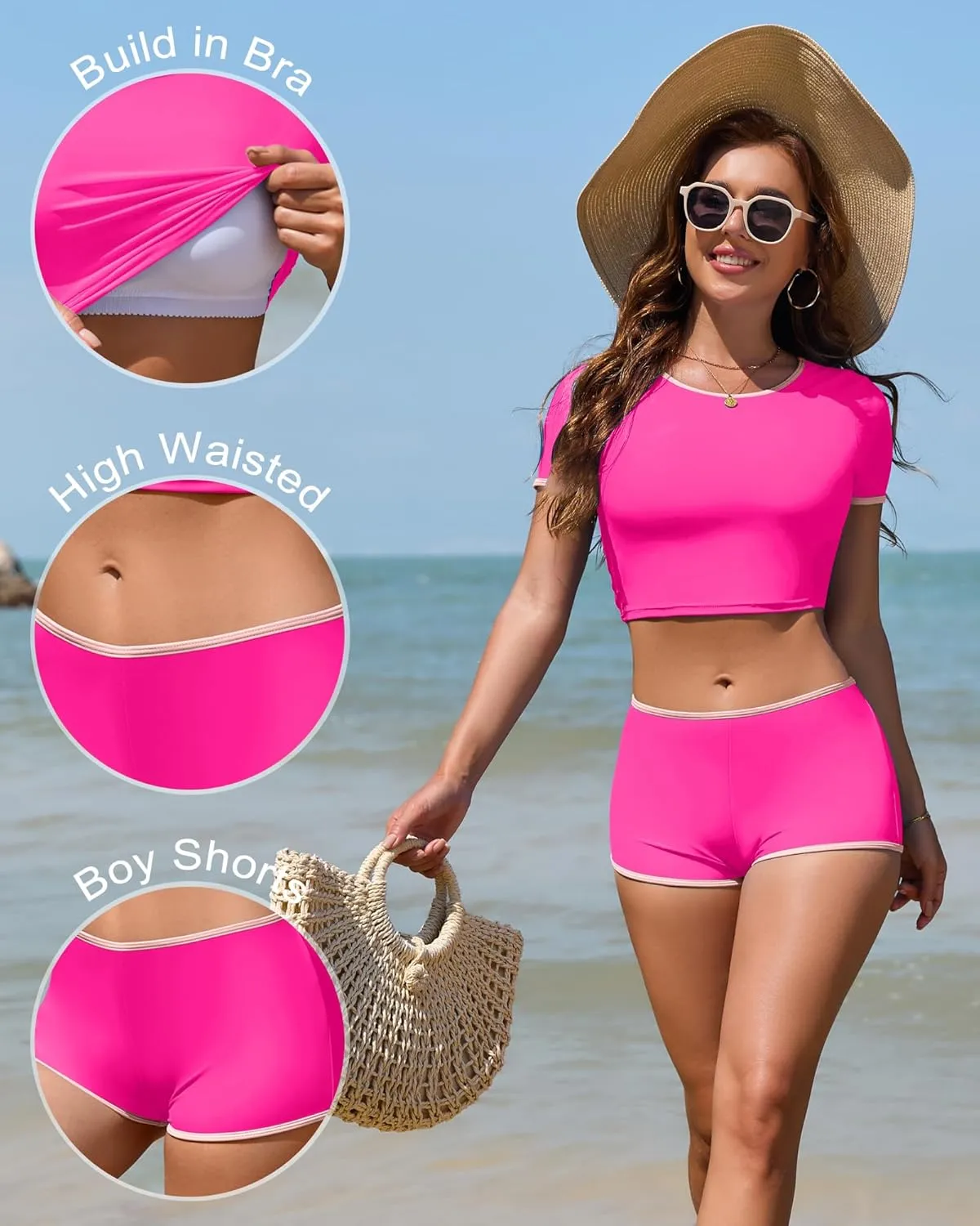 Women Sporty Tummy Control Swimsuit Color Block High Waisted Bikini Set Two Piece Bathing Suit Full Coverage Shorts