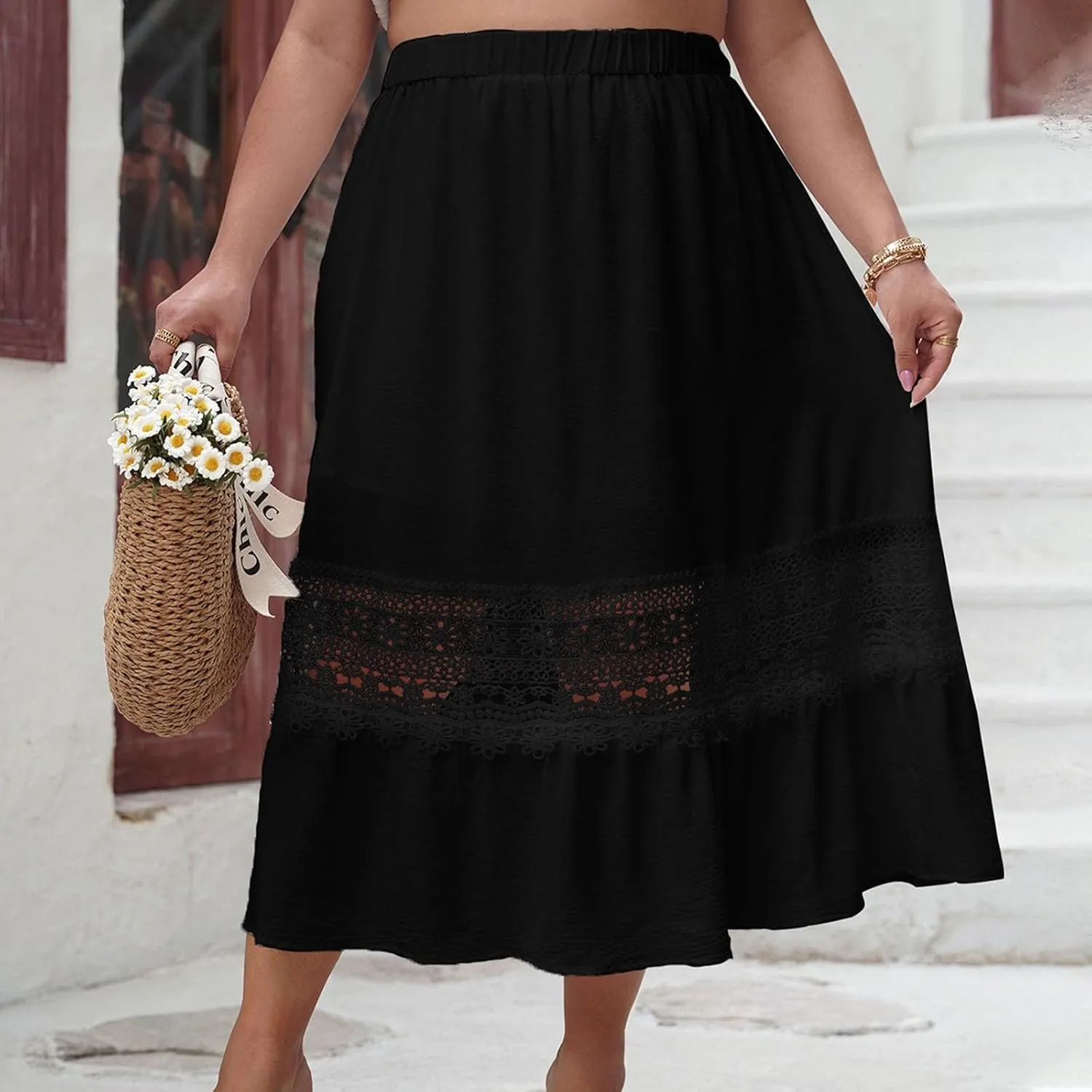 Women Summer Beach Skirts 2025 Vacation Boho Style Midi Skirt Loose Elastic Waist Casual Half Dress Resort Wear