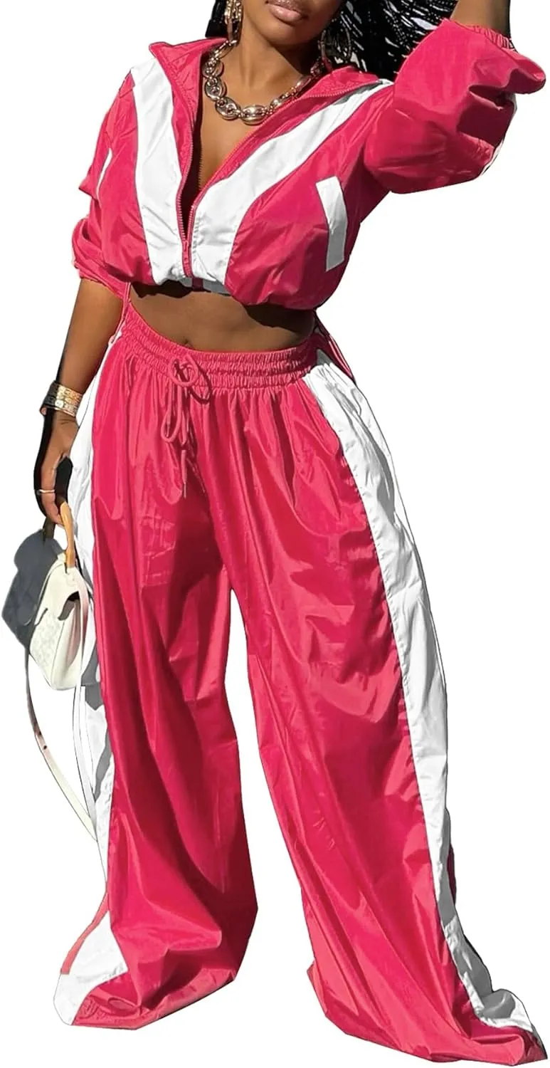 Women Sweatsuits 2 Piece Outfit Color Block Crop Zipper Tops & Elastic Waist Wide Leg Pants Sets Streetwear Tracksuit
