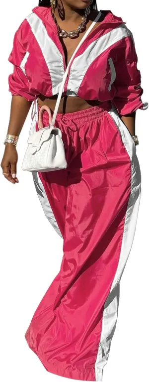 Women Sweatsuits 2 Piece Outfit Color Block Crop Zipper Tops & Elastic Waist Wide Leg Pants Sets Streetwear Tracksuit