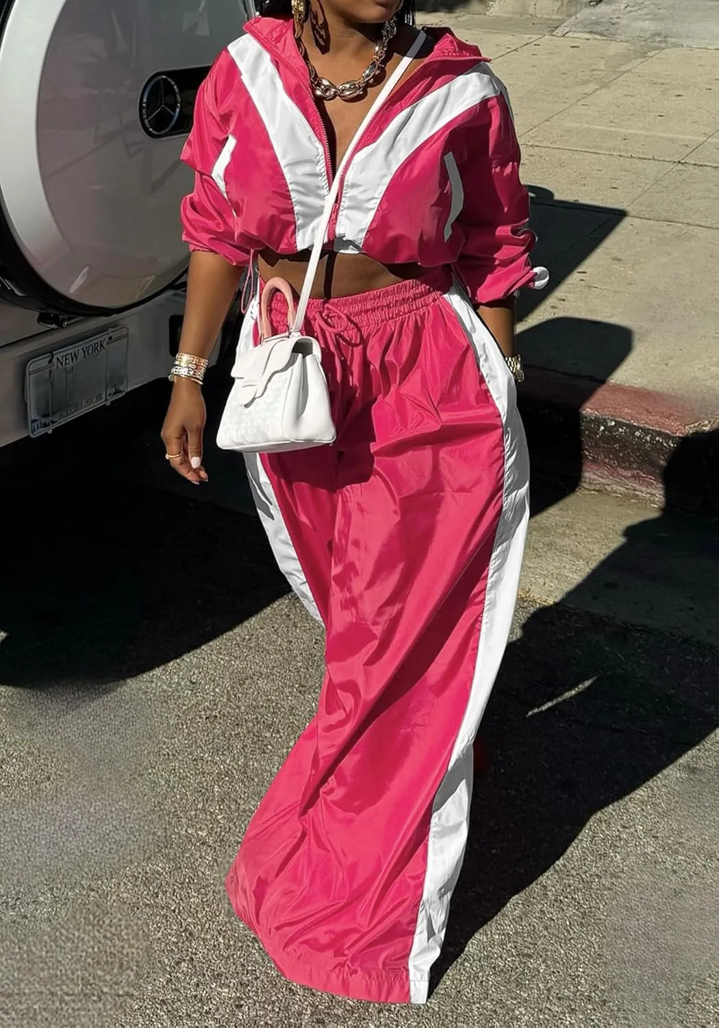 Women Sweatsuits 2 Piece Outfit Color Block Crop Zipper Tops & Elastic Waist Wide Leg Pants Sets Streetwear Tracksuit