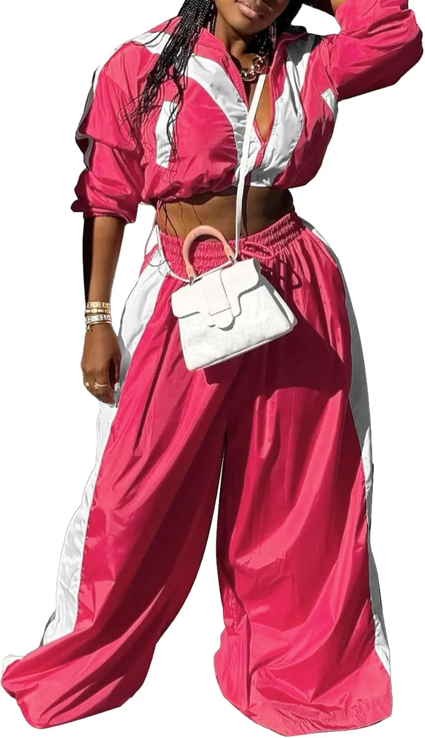 Women Sweatsuits 2 Piece Outfit Color Block Crop Zipper Tops & Elastic Waist Wide Leg Pants Sets Streetwear Tracksuit