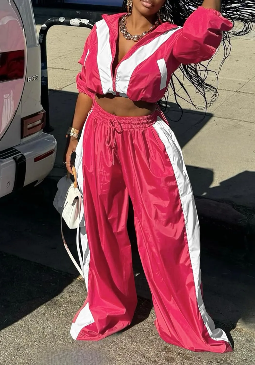 Women Sweatsuits 2 Piece Outfit Color Block Crop Zipper Tops & Elastic Waist Wide Leg Pants Sets Streetwear Tracksuit
