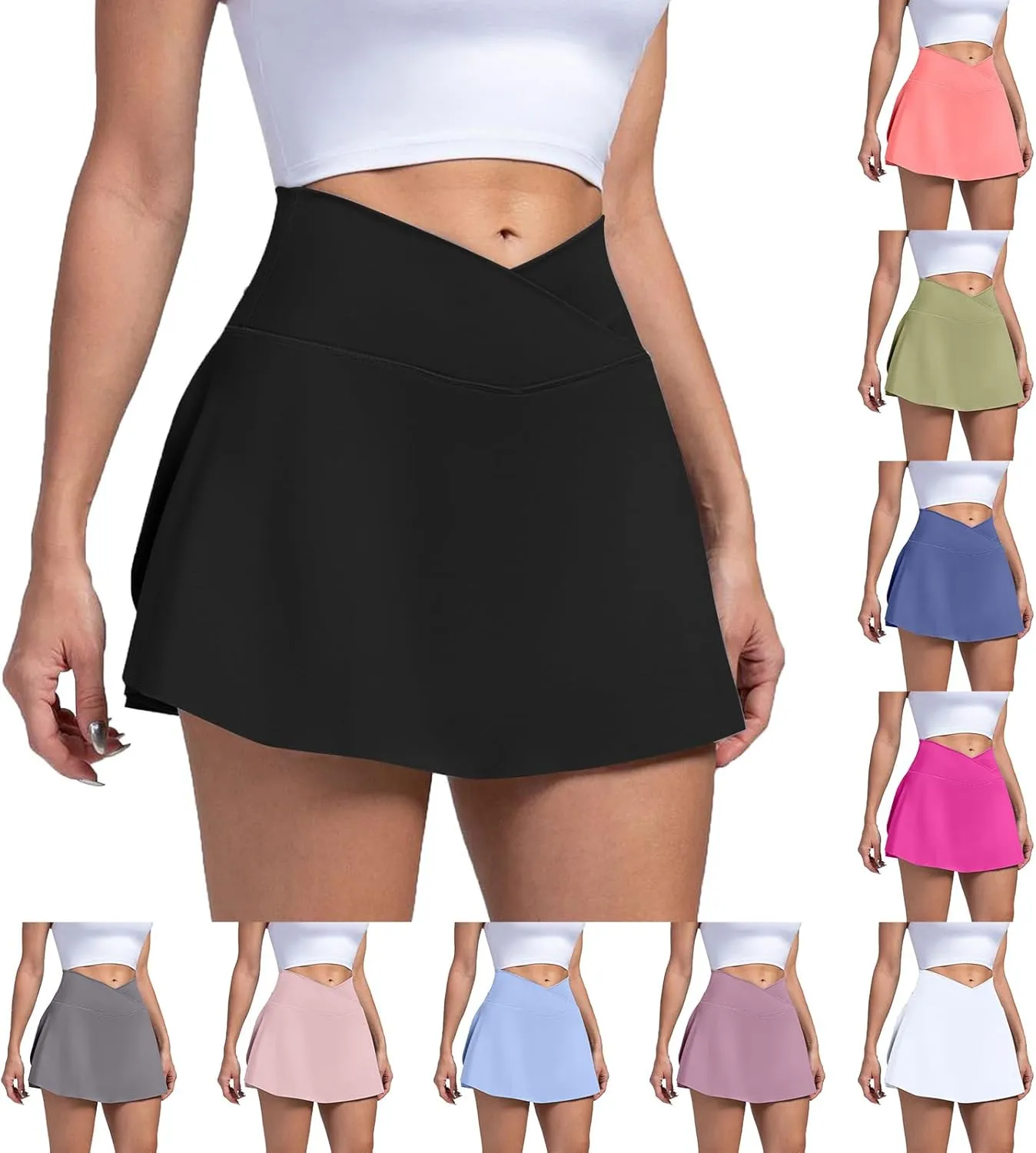 Women Tennis Skirt Crossover High Waisted Athletic Skorts with Pockets Flowy Mini Golf Skirts with Shorts Underneath