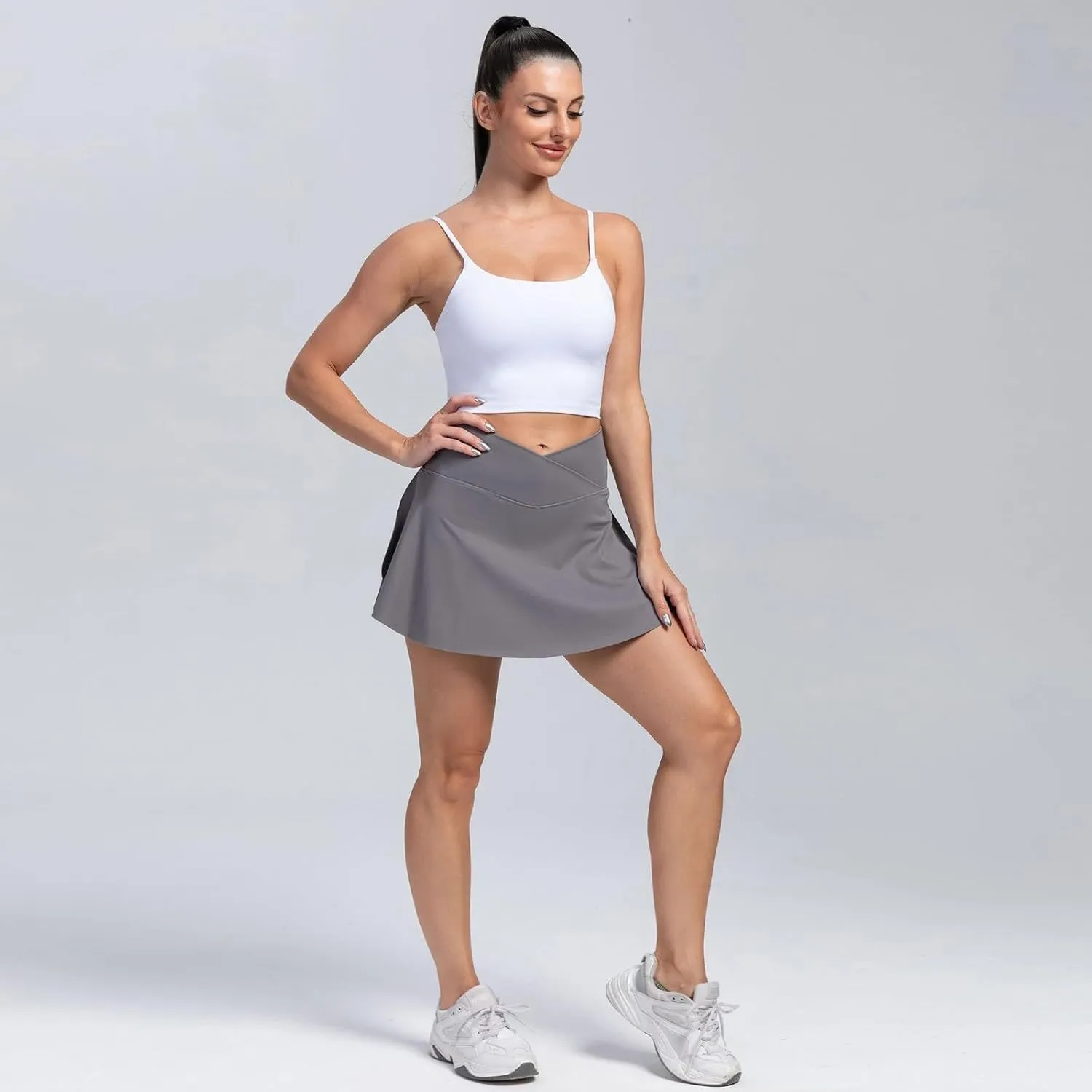 Women Tennis Skirt Crossover High Waisted Athletic Skorts with Pockets Flowy Mini Golf Skirts with Shorts Underneath