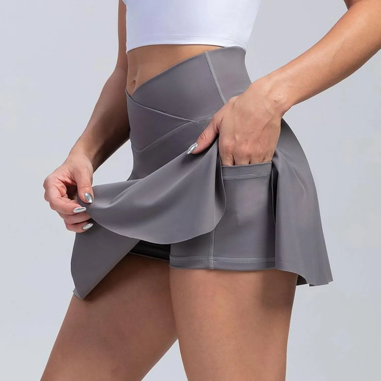 Women Tennis Skirt Crossover High Waisted Athletic Skorts with Pockets Flowy Mini Golf Skirts with Shorts Underneath