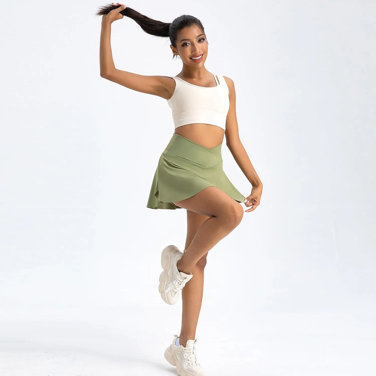 Women Tennis Skirt Crossover High Waisted Athletic Skorts with Pockets Flowy Mini Golf Skirts with Shorts Underneath