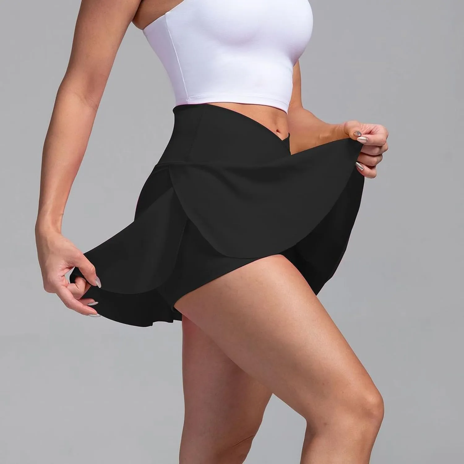 Women Tennis Skirt Crossover High Waisted Athletic Skorts with Pockets Flowy Mini Golf Skirts with Shorts Underneath