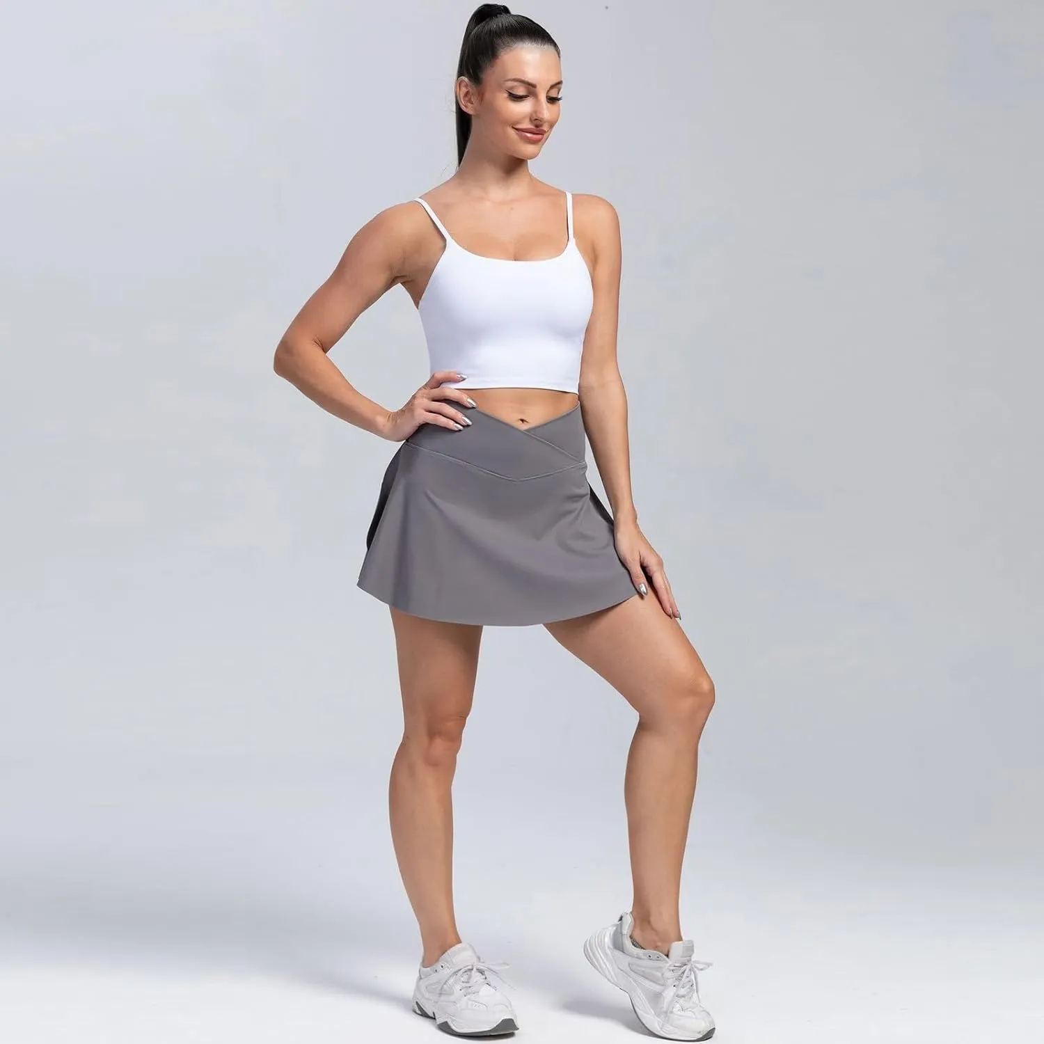 Women Tennis Skirt Crossover High Waisted Athletic Skorts with Pockets Flowy Mini Golf Skirts with Shorts Underneath