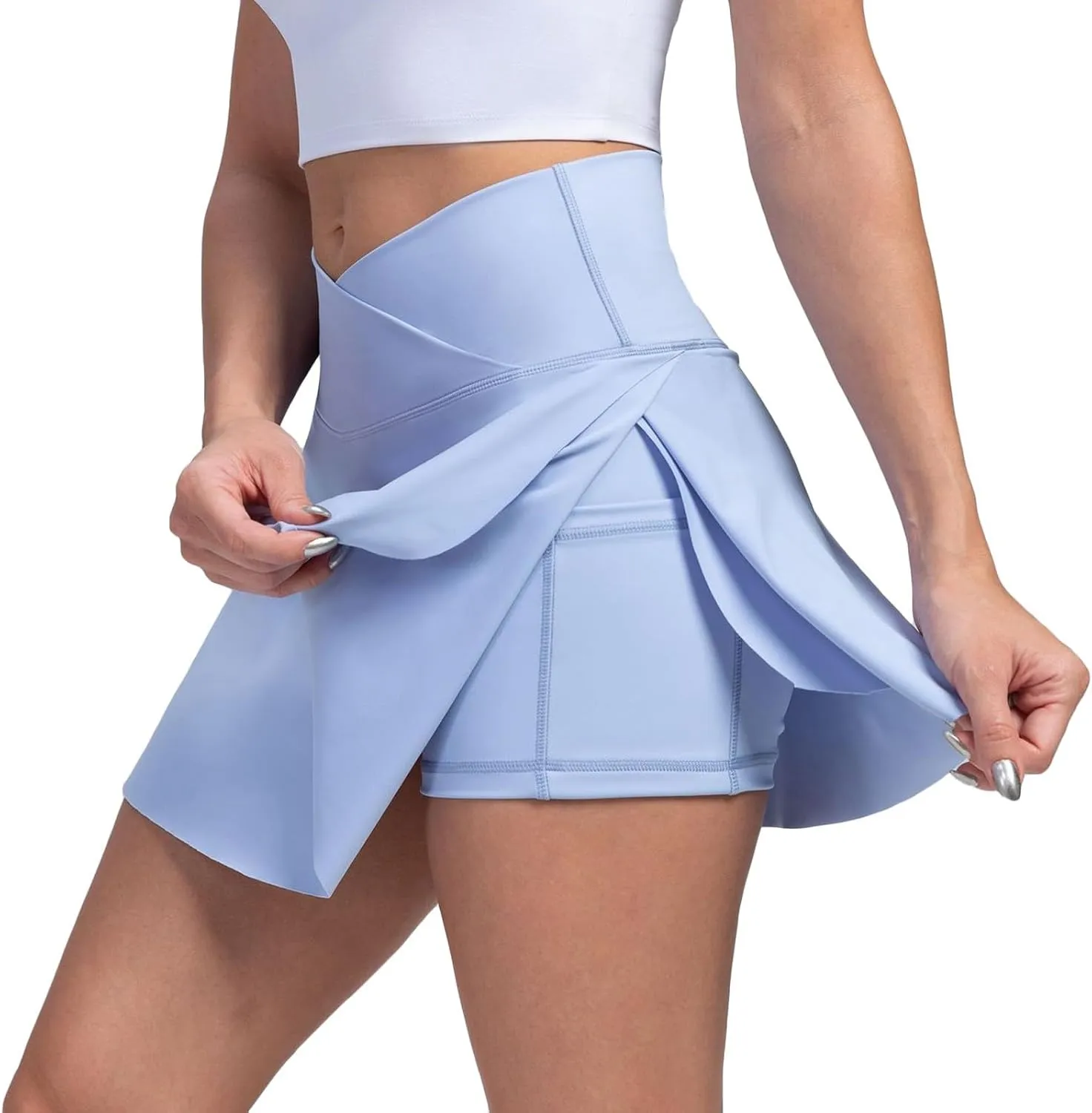 Women Tennis Skirt Crossover High Waisted Athletic Skorts with Pockets Flowy Mini Golf Skirts with Shorts Underneath