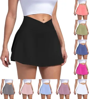 Women Tennis Skirt Crossover High Waisted Athletic Skorts with Pockets Flowy Mini Golf Skirts with Shorts Underneath