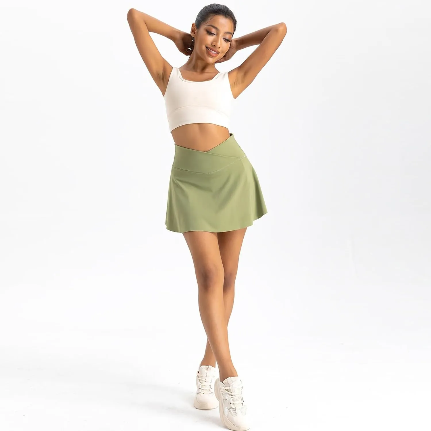 Women Tennis Skirt Crossover High Waisted Athletic Skorts with Pockets Flowy Mini Golf Skirts with Shorts Underneath