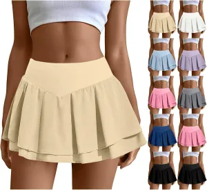 Women Tennis Skirt High Waisted Mini Athletic Skorts with Pockets Cute Summer Double Ruffle Flowy Pleated Golf Skirts
