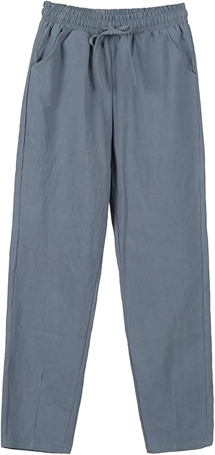Women Wide Leg Linen Pant Summer Casual Pleated High Waist Drawstring Trouser Office Dress Tummy Control Trendy Pants