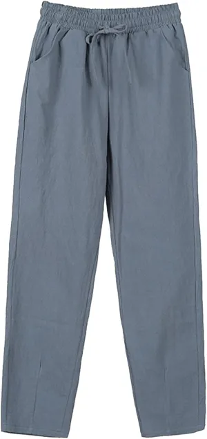 Women Wide Leg Linen Pant Summer Casual Pleated High Waist Drawstring Trouser Office Dress Tummy Control Trendy Pants
