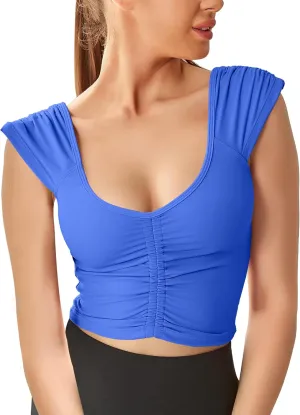 Women Workout Tops Sleeveless Yoga Longline Sports Bra Cutout Short Sleeve Crop Tank Top Gym Running Athletic Shirt U-Back