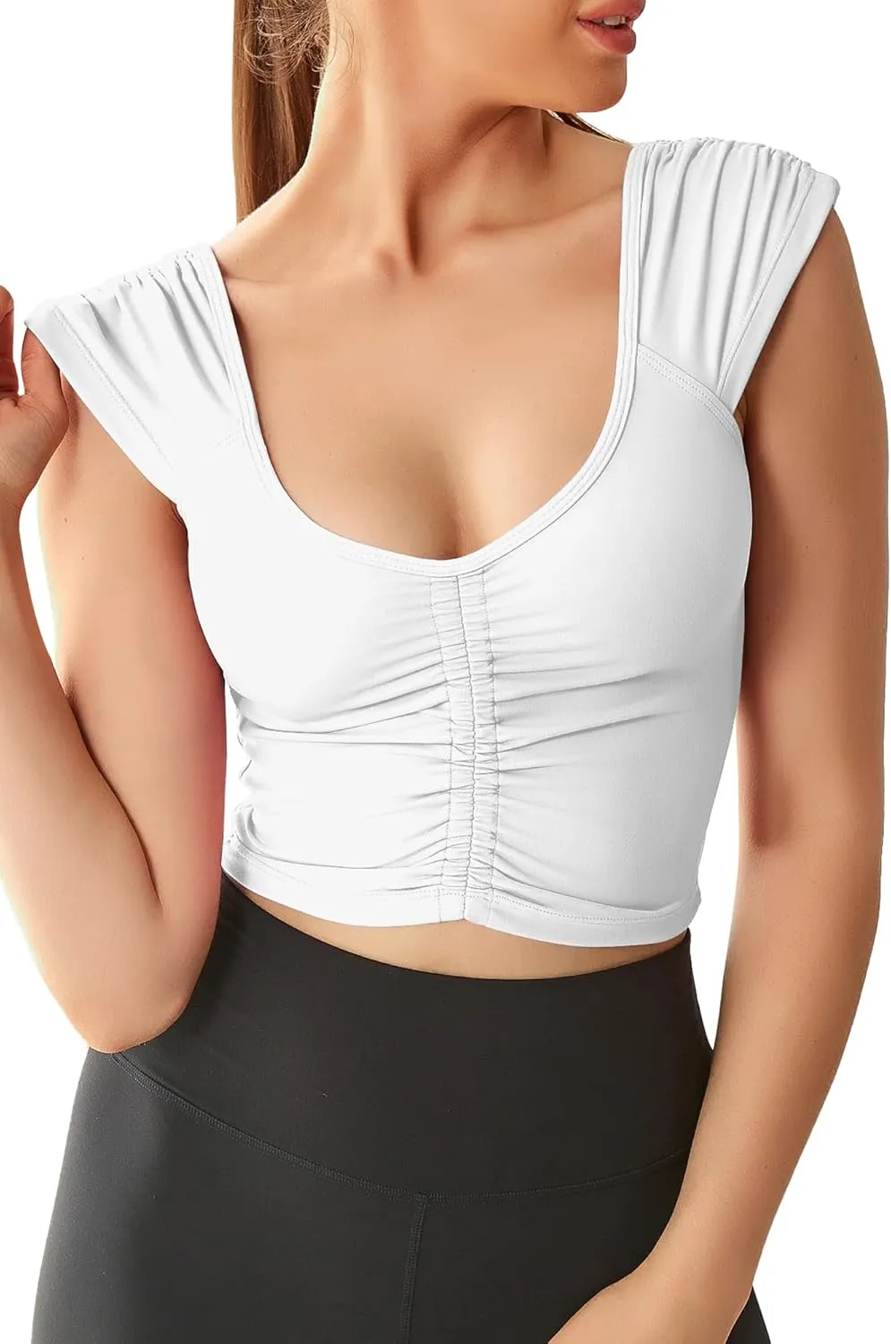 Women Workout Tops Sleeveless Yoga Longline Sports Bra Cutout Short Sleeve Crop Tank Top Gym Running Athletic Shirt U-Back