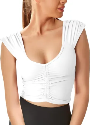 Women Workout Tops Sleeveless Yoga Longline Sports Bra Cutout Short Sleeve Crop Tank Top Gym Running Athletic Shirt U-Back