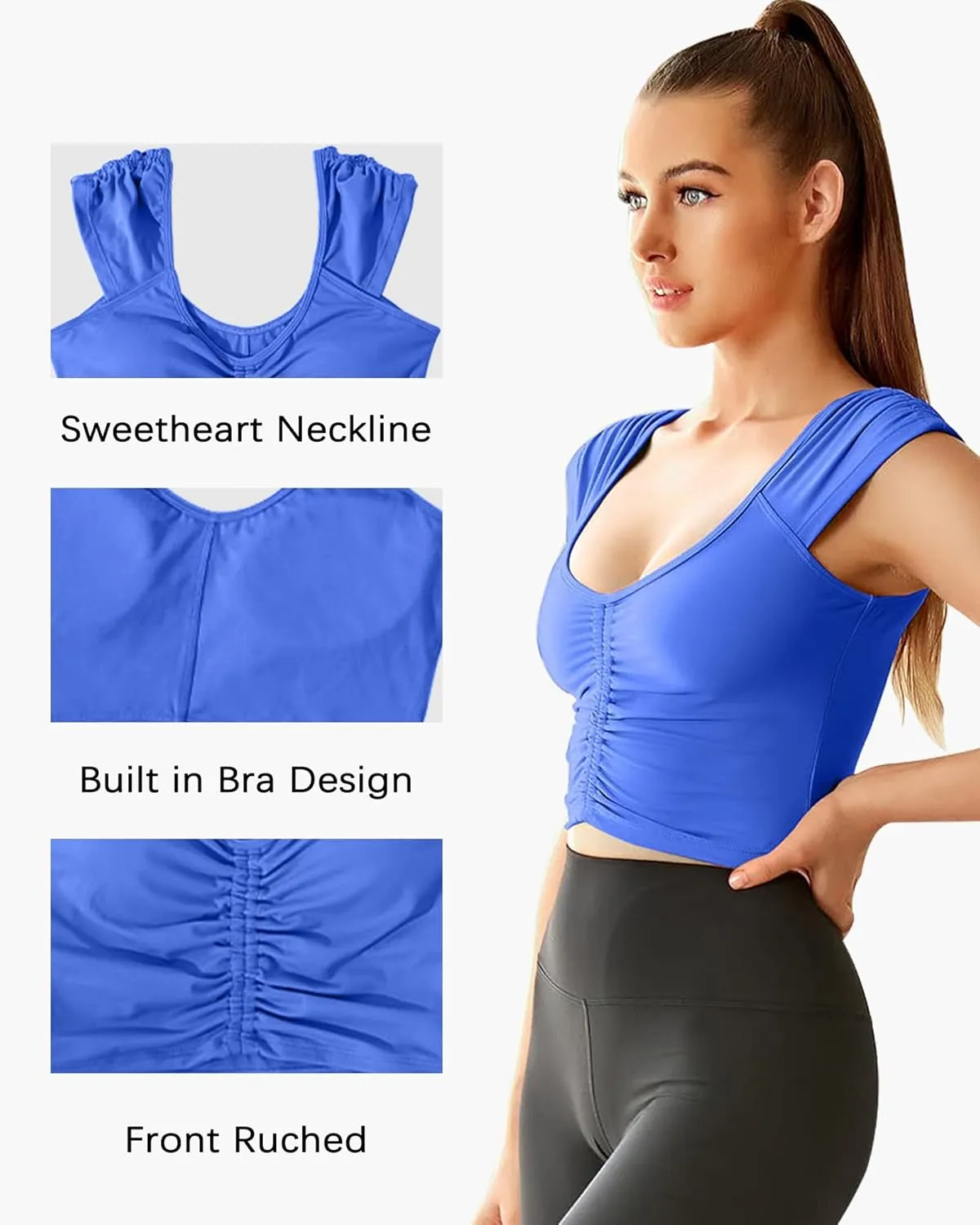 Women Workout Tops Sleeveless Yoga Longline Sports Bra Cutout Short Sleeve Crop Tank Top Gym Running Athletic Shirt U-Back
