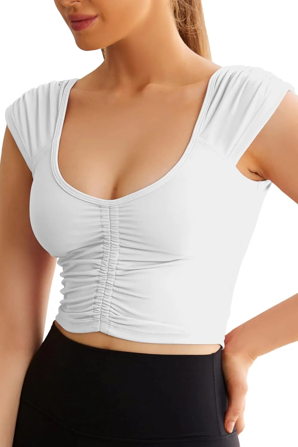 Women Workout Tops Sleeveless Yoga Longline Sports Bra Cutout Short Sleeve Crop Tank Top Gym Running Athletic Shirt U-Back