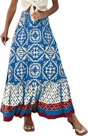 Women's 2025 Bohemian Long Skirts Flowy Elastic High Waist A Line Maxi Skirts Summer Printed Pleated Mini Skirt