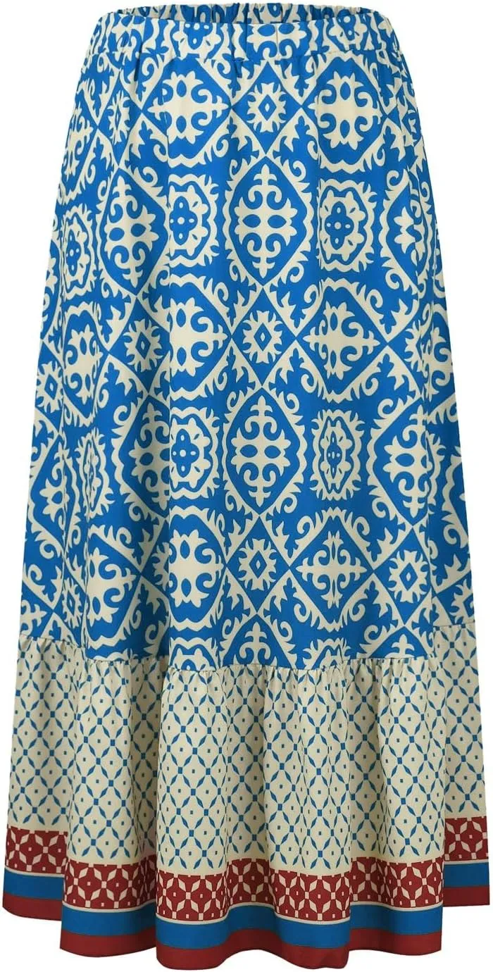 Women's 2025 Bohemian Long Skirts Flowy Elastic High Waist A Line Maxi Skirts Summer Printed Pleated Mini Skirt