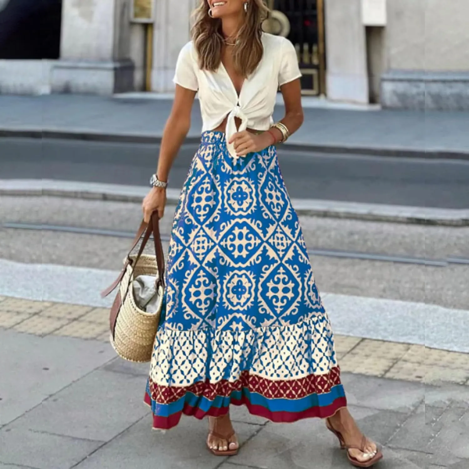 Women's 2025 Bohemian Long Skirts Flowy Elastic High Waist A Line Maxi Skirts Summer Printed Pleated Mini Skirt