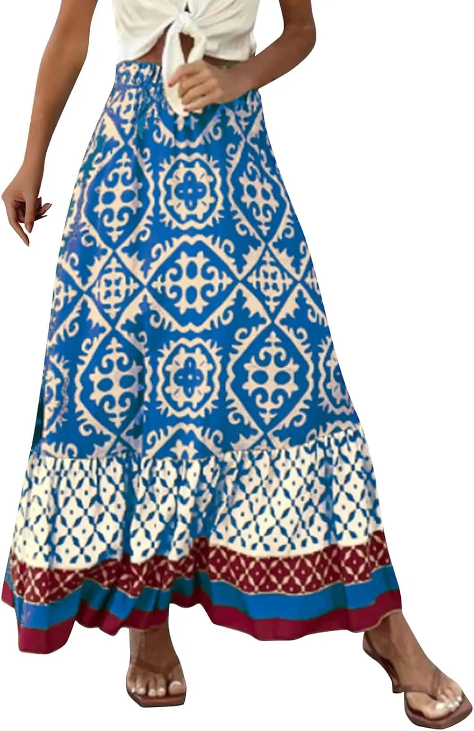 Women's 2025 Bohemian Long Skirts Flowy Elastic High Waist A Line Maxi Skirts Summer Printed Pleated Mini Skirt