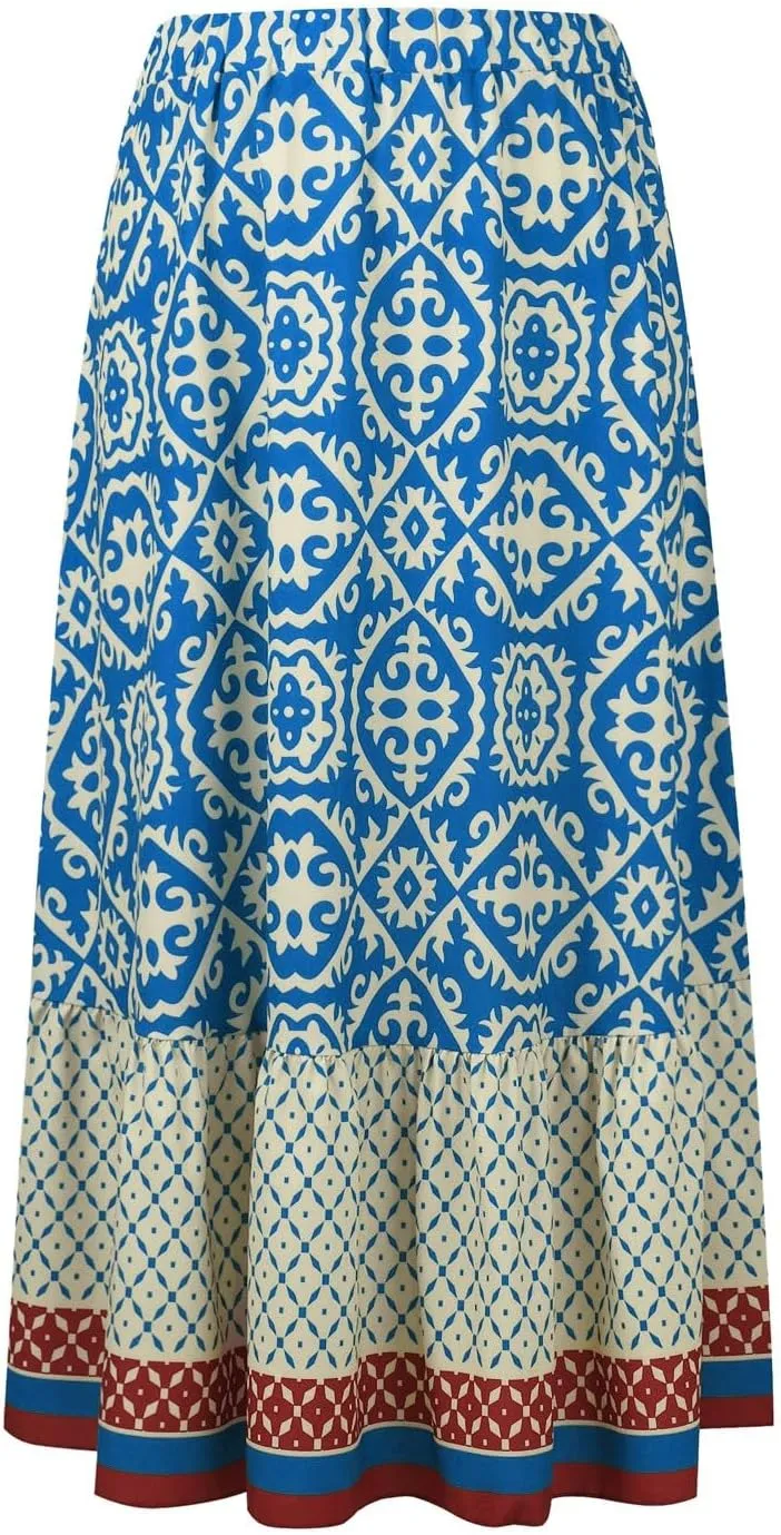 Women's 2025 Bohemian Long Skirts Flowy Elastic High Waist A Line Maxi Skirts Summer Printed Pleated Mini Skirt