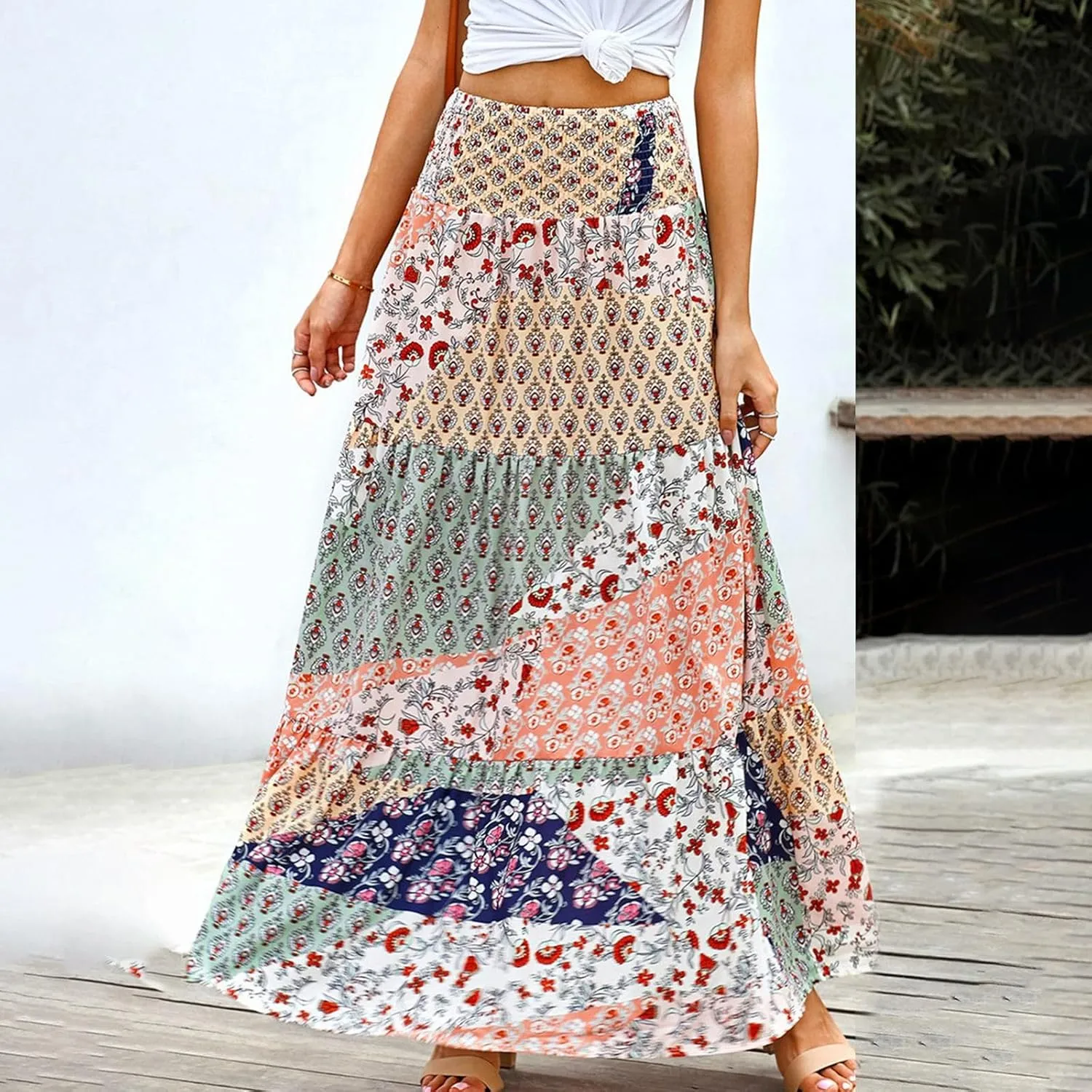 Women's 2025 Bohemian Long Skirts Print High Waist A Line Maxi Skirts Summer Casual Printed Pleated Ruffle Flowy Skirts