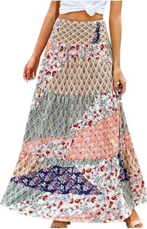Women's 2025 Bohemian Long Skirts Print High Waist A Line Maxi Skirts Summer Casual Printed Pleated Ruffle Flowy Skirts