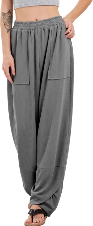 Womens Baggy Pants Wrap Hem Pants with Pockets Casual Elastic Waist Wide Leg Harem Pants