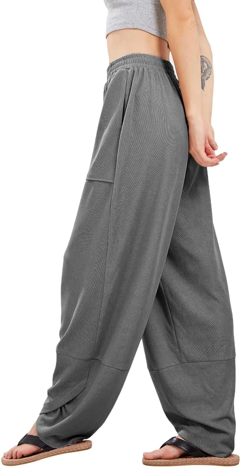 Womens Baggy Pants Wrap Hem Pants with Pockets Casual Elastic Waist Wide Leg Harem Pants