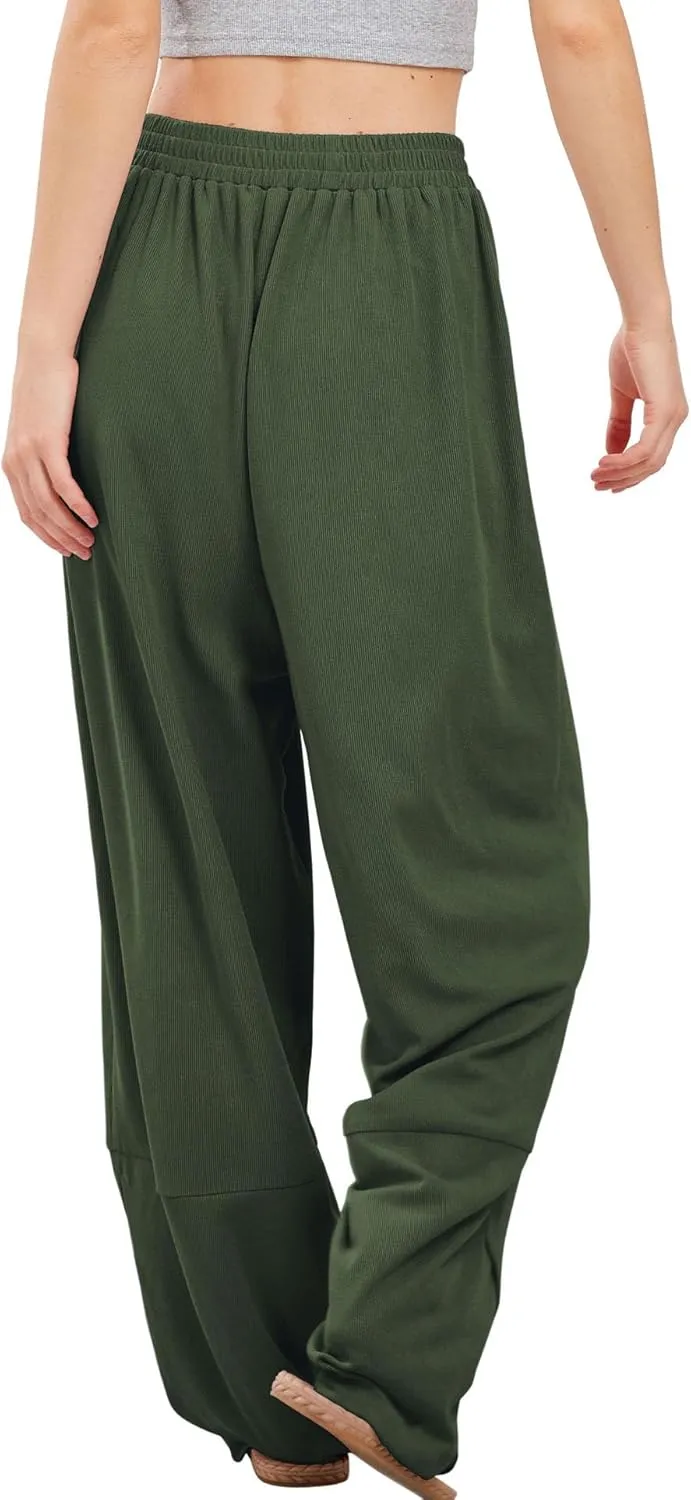 Womens Baggy Pants Wrap Hem Pants with Pockets Casual Elastic Waist Wide Leg Harem Pants