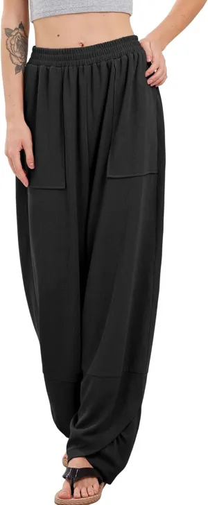 Womens Baggy Pants Wrap Hem Pants with Pockets Casual Elastic Waist Wide Leg Harem Pants
