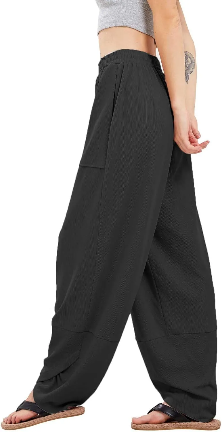 Womens Baggy Pants Wrap Hem Pants with Pockets Casual Elastic Waist Wide Leg Harem Pants