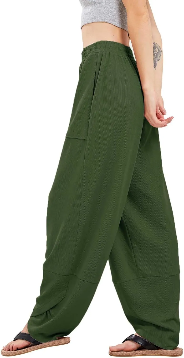 Womens Baggy Pants Wrap Hem Pants with Pockets Casual Elastic Waist Wide Leg Harem Pants
