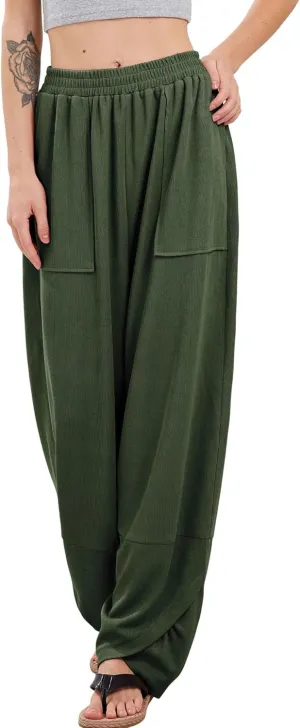 Womens Baggy Pants Wrap Hem Pants with Pockets Casual Elastic Waist Wide Leg Harem Pants