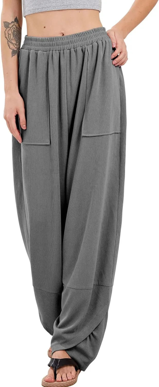 Womens Baggy Pants Wrap Hem Pants with Pockets Casual Elastic Waist Wide Leg Harem Pants